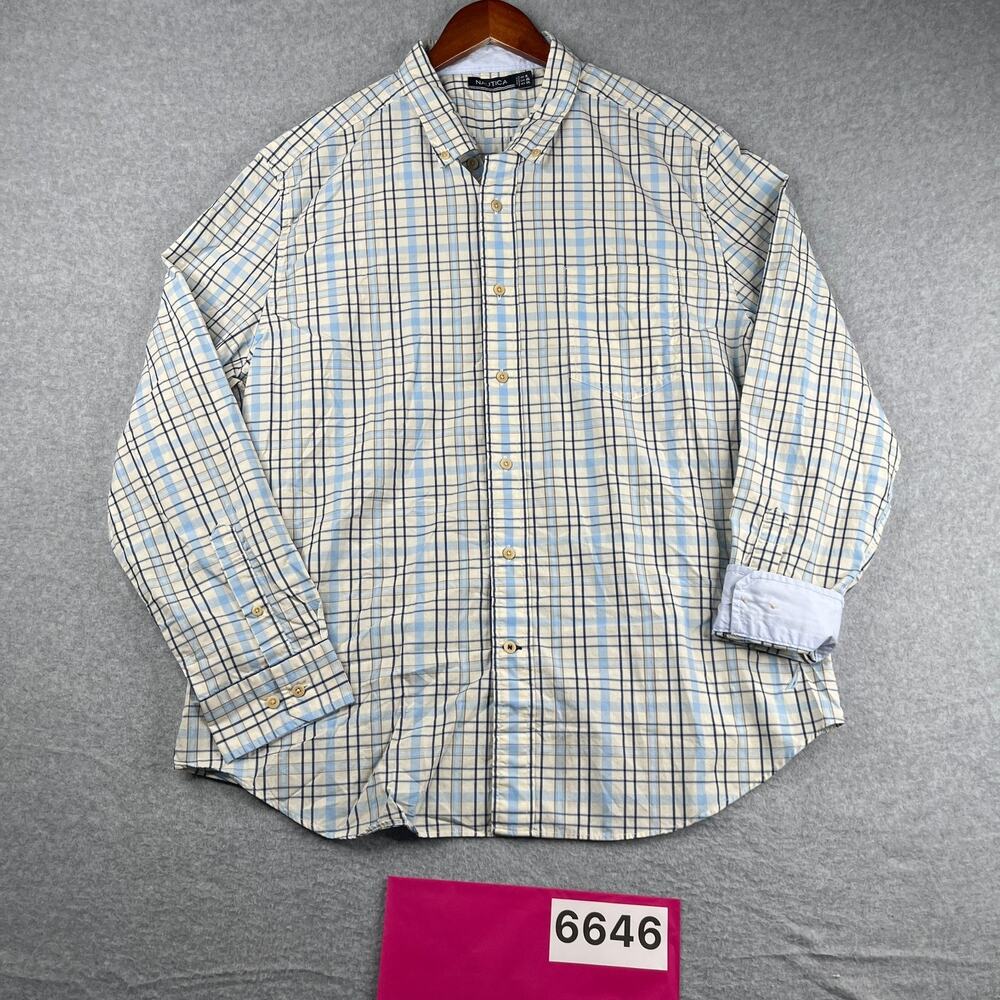 Nautica Shirt Blue Ivory Plaid Casual Flip Cuff Button Up Long Sleeve Mens XL